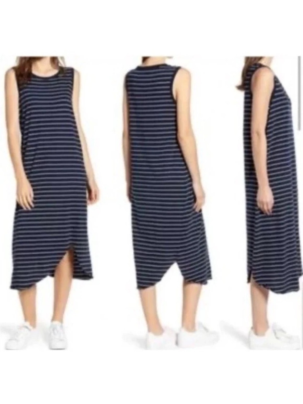 Frank & Eileen Navy Striped Side Slit Tank Cotton Dress Size L